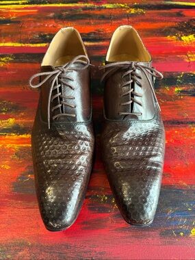 Felix Chu Men's Brown Leather Lace-Up Geometric Hexagon Embossed Oxfords F87-76